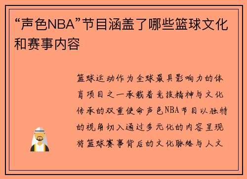 “声色NBA”节目涵盖了哪些篮球文化和赛事内容